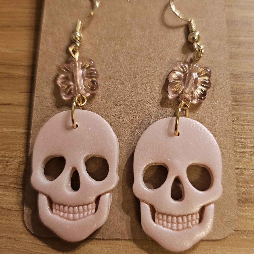 Adorable Handmade Pink Polymer Clay Skull Earrings With Beads And Gold Accents